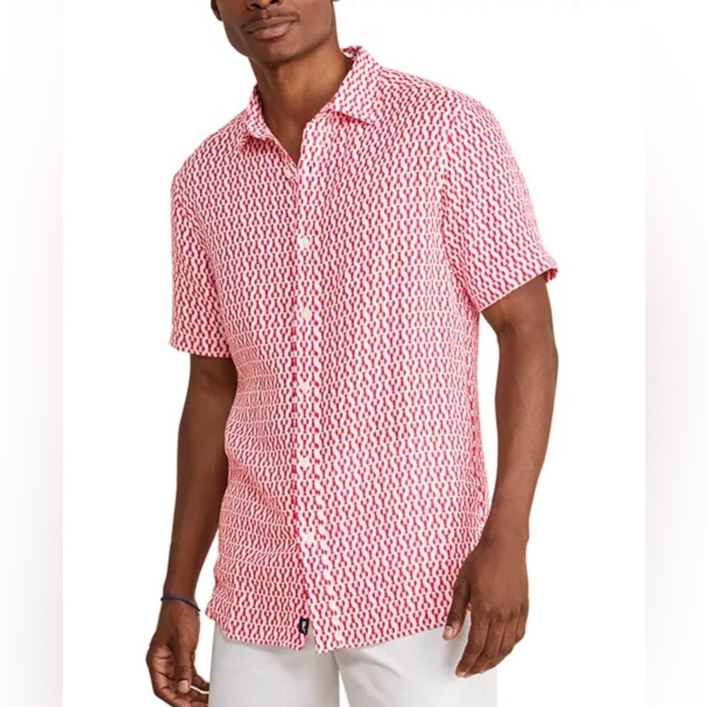 Vineyard Vines Mens Linen Micro Lobster Print Button Up Sz XXL Red Short Sleeve